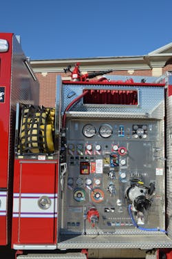 The pump panels on all GFRD engines were designed to ease operations for the engineer while providing good access to the pump, piping and systems for routine maintenance. Note the use of hand wheel controls for the two right-side 4-inch discharges. The pump panels on all GFRD engines were designed to ease operations for the engineer while providing good access to the pump, piping and systems for routine maintenance. Note the use of hand wheel controls for the two right-side 4-inch discharges.