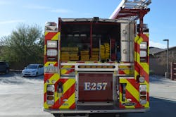 The GRFD&rsquo;s 2022 model pumpers were designed to lower the height of the rear hosebed from the ground as well as add enclosed compartments for backboards and roof and trash hooks. Note the location of handrails and the use of nonslip inserts on the rear body area.