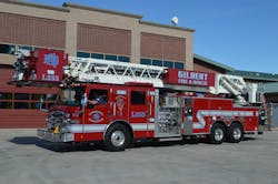 Ladder 253 is a 2020 Pierce Velocity 100-foot rear-mount platform that&rsquo;s equipped with a 2,000- gpm pump, a 300-gallon water tank, 24-, 28- and 35-foot extension ladders and several roof ladders of various lengths. The truck&rsquo;s wheelbase is 253&frac12; inches; it&rsquo;s overall length is 47 feet.