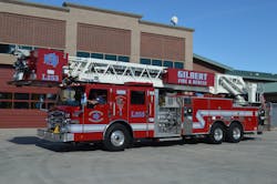 Ladder 253 is a 2020 Pierce Velocity 100-foot rear-mount platform that’s equipped with a 2,000- gpm pump, a 300-gallon water tank, 24-, 28- and 35-foot extension ladders and several roof ladders of various lengths. The truck’s wheelbase is 253½ inches; it’s overall length is 47 feet. Ladder 253 is a 2020 Pierce Velocity 100-foot rear-mount platform that’s equipped with a 2,000- gpm pump, a 300-gallon water tank, 24-, 28- and 35-foot extension ladders and several roof ladders of various lengths. The truck’s wheelbase is 253½ inches; it’s overall length is 47 feet.