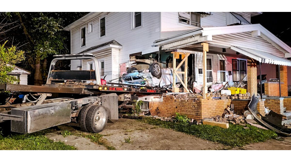 While involved in a police pursuit, a vehicle left the roadway and completely entered a duplex. Two occupants were pinned in the vehicle. This resulted in a complex shoring and rescue operation. Shoring the structure also made investigating the crash and recovering the vehicle far safer for law enforcement and the tow operator than would have been the case otherwise.