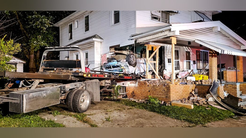 While involved in a police pursuit, a vehicle left the roadway and completely entered a duplex. Two occupants were pinned in the vehicle. This resulted in a complex shoring and rescue operation. Shoring the structure also made investigating the crash and recovering the vehicle far safer for law enforcement and the tow operator than would have been the case otherwise.