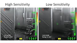 Photo 1: When a fire service TIC switches to low sensitivity, a loss of image clarity can occur in the cooler regions of the image. Note how the rescue manikin that&rsquo;s in the lower right-hand corner of the image is clearly visible to the TIC in high-sensitivity mode (left) but is less so to the TIC in low-sensitivity mode (right).