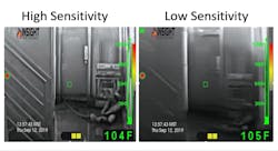 Photo 1: When a fire service TIC switches to low sensitivity, a loss of image clarity can occur in the cooler regions of the image. Note how the rescue manikin that’s in the lower right-hand corner of the image is clearly visible to the TIC in high-sensitivity mode (left) but is less so to the TIC in low-sensitivity mode (right). Photo 1: When a fire service TIC switches to low sensitivity, a loss of image clarity can occur in the cooler regions of the image. Note how the rescue manikin that’s in the lower right-hand corner of the image is clearly visible to the TIC in high-sensitivity mode (left) but is less so to the TIC in low-sensitivity mode (right).