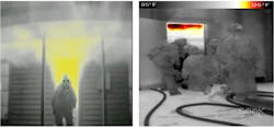Photo 2: Not all 320x240 models of TICs perform the same regarding image quality, and this only will be evident by testing the devices in a range of varying temperatures within a fire environment. The photo on the left comes from an older model that has a stated resolution of 110,192 pixels. The photo on the right provides better resolution despite a stated resolution of 76,800 pixels. Photo 2: Not all 320x240 models of TICs perform the same regarding image quality, and this only will be evident by testing the devices in a range of varying temperatures within a fire environment. The photo on the left comes from an older model that has a stated resolution of 110,192 pixels. The photo on the right provides better resolution despite a stated resolution of 76,800 pixels.