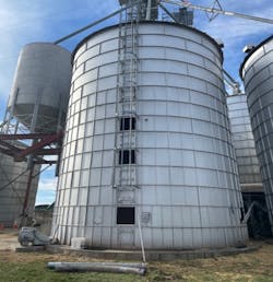 This silo has 14 rings and is 36 feet in diameter. To estimate how much grain is in each ring one uses the formula bushels (bu) = 0.628 x 36 x 36 x 3.333. This translates into approximately 2,700 bu per ring.