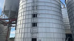 This silo has 14 rings and is 36 feet in diameter. To estimate how much grain is in each ring one uses the formula bushels (bu) = 0.628 x 36 x 36 x 3.333. This translates into approximately 2,700 bu per ring.
