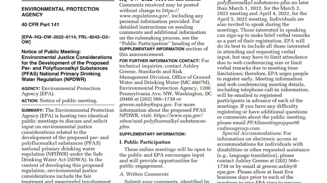 The EPA is requesting comments from the public health officials, water system managers and citizens on docket on PFAS in the drinking water system. The EPA is requesting comments from the public health officials, water system managers and citizens on docket on PFAS in the drinking water system.