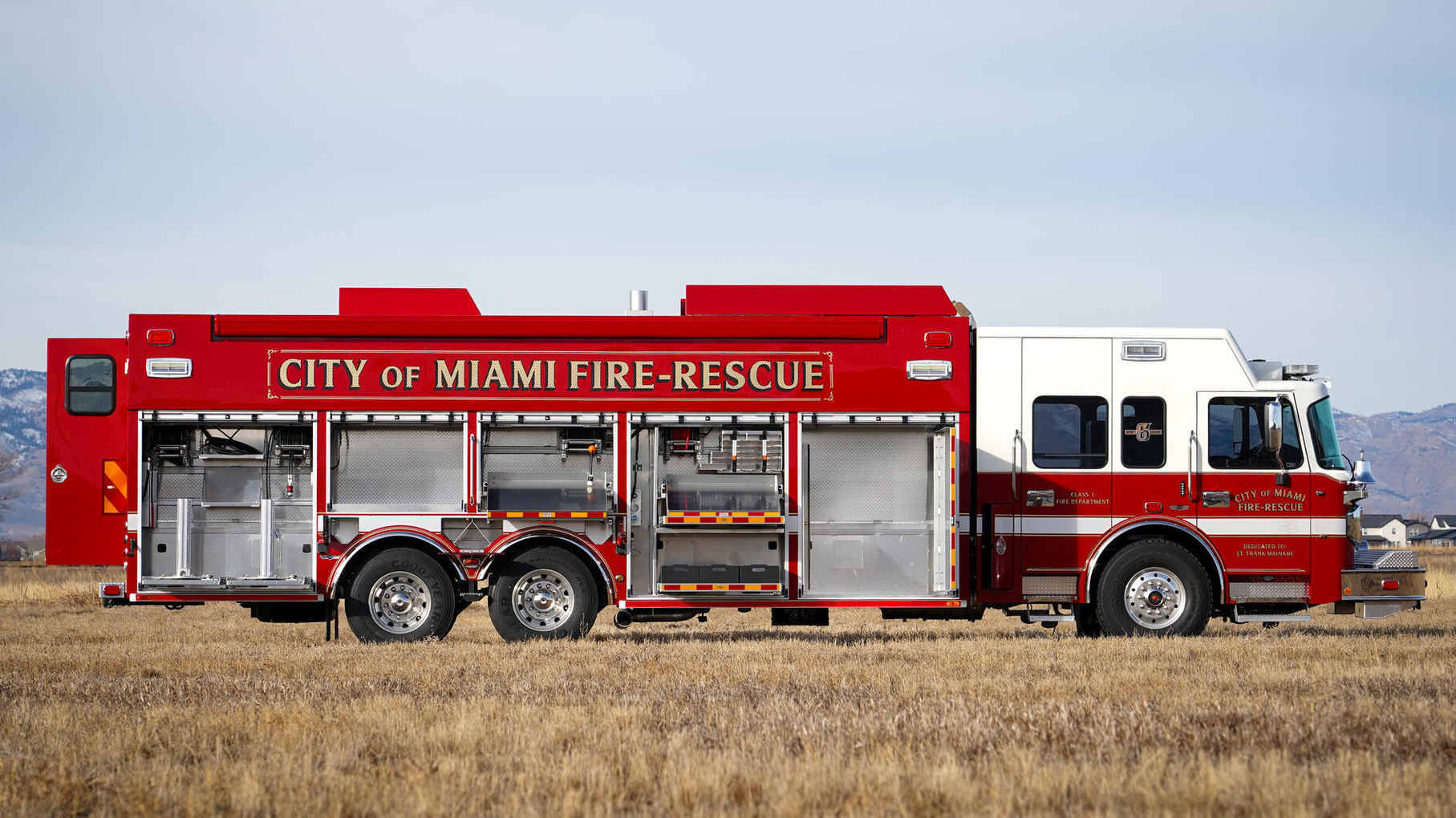 The rig has a 26-foot aluminum body equipped with Revolv-A-Tool rescue tool storage trays and OnScene Solutions heavy-duty aluminum cargo slides.