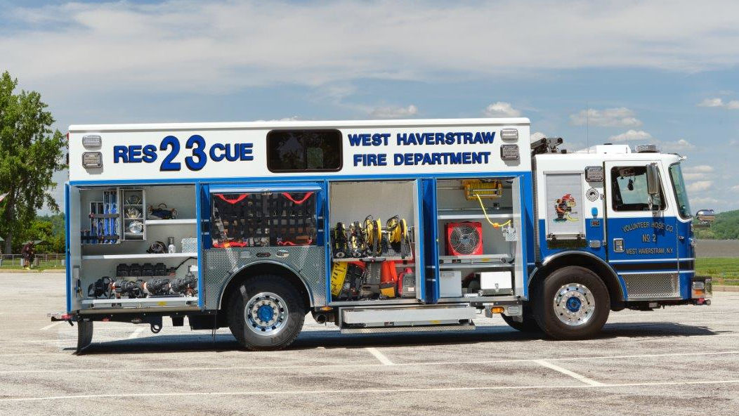 The walk-in rescue body has seating for eight firefighters.