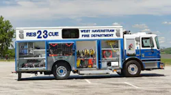 The walk-in rescue body has seating for eight firefighters.