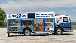 The walk-in rescue body has seating for eight firefighters. The walk-in rescue body has seating for eight firefighters.