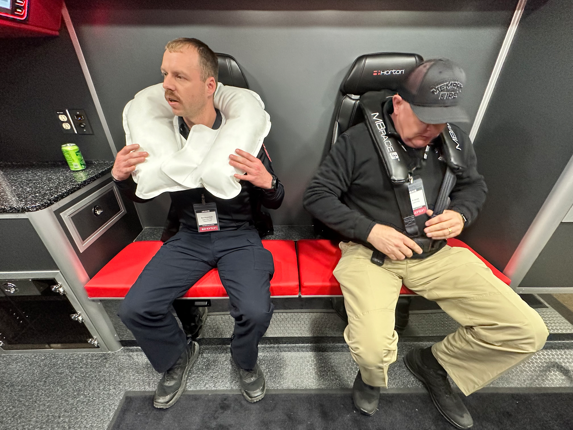 Lake Hill, IN, firefighter/paramedic Benford Rosenfeldt holds a sample of the MBrace airbag during the product unveiling at IMMI headquarters last week. He said this technology is &ldquo;leaps and bounds&rdquo; ahead of what is available for today&rsquo;s responders.