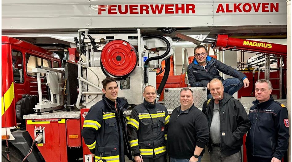 Standing, from left to right: Alkoven firefighters Martin Gebhartl and Markus Hammer, Firehouse editor Peter Matthews, Fort Worth fire photographer Glen Ellman and Alkoven Fire Brigade Commander Markus Unter. Alkoven firefighter and editor Hermann Kollinger is top.