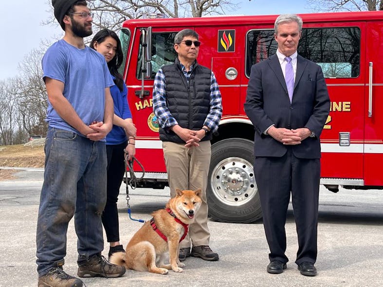 Toro, the Shiba Inu, with his family and Worcester County District Attorney Joseph Early Jr.