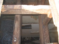 An inverted roof can be used to increase the slope of the flat roof of many ordinary construction buildings. In such cases, the main roof rafters are found at ceiling level (left). A framework of smaller-size dimensional lumber, such as two-by-fours, is set above the rafters (right).