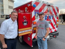 Lt. Troy Clark of the FWFD with FDNY Chief Frank Leeb during Clark&rsquo;s 2022 visit to the FDNY Fire Academy. The purpose of Clark&rsquo;s visit was to see the contamination-reduction initiatives that FDNY has in place, for the purpose of bringing them to the FWFD.