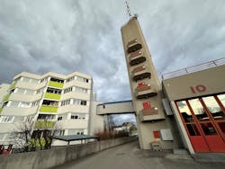 The building photographed at left is occupied by city of Wels firefighters who take the walkway to the station.