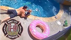 Hemet Fire Department engineer paramedic Zachary Petite plucked his one-year-old from the pool after the child fell in. Hemet Fire Department engineer paramedic Zachary Petite plucked his one-year-old from the pool after the child fell in.