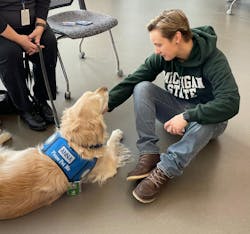 People who have experienced a traumatic event are more apt to talk to a comfort dog than to a person. Here, &ldquo;Anna,&rdquo; from the Lutheran Church Charities K-9 Comfort Dogs Ministry, visits with a student after the mass shooting that took place on campus on Feb. 13, 2023.