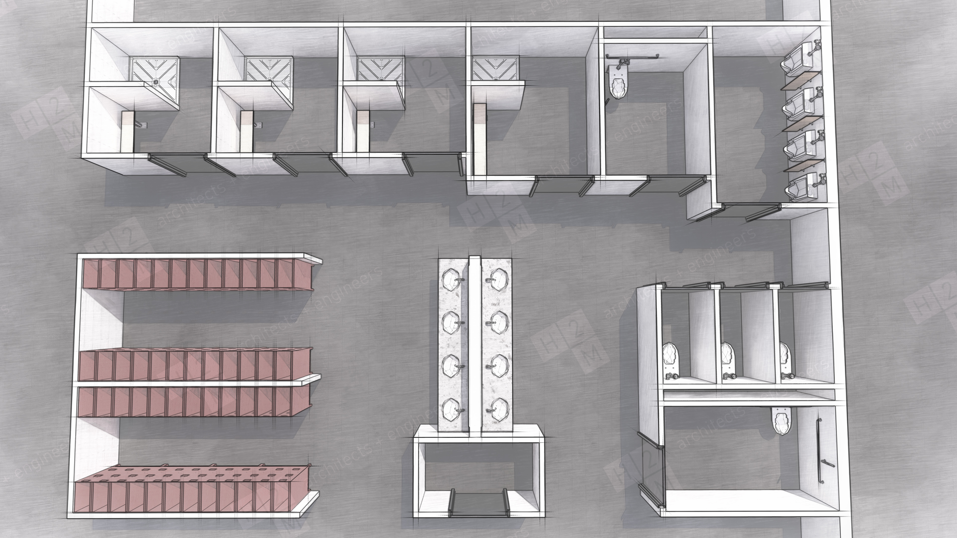 Private showers, toilets and changing stalls can be mingled with public sinks and storage spaces in combined all-gender facilities. The functionality of the private spaces remains the same while changing the connotations on the public space.