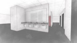 Although sinks in this rendering of a combined all-gender facility are accessible to all members, changing rooms (two doorways along the right edge of the image) still are private spaces. Although sinks in this rendering of a combined all-gender facility are accessible to all members, changing rooms (two doorways along the right edge of the image) still are private spaces.