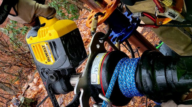 Teams that have long hauling systems, limited staffing and/or continual operations might find that using a winch/drill combination makes raising and lowering easier. Here, a Harken LokHead winch is powered by a 60-volt cordless drill. A winch/drill combination can reduce dynamic forces through uneven hauling. The line that&rsquo;s shown is Courant 11mm Rebel low-stretch static kernmantle rope.