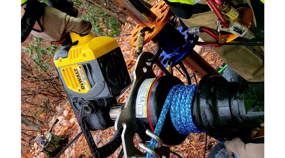 Teams that have long hauling systems, limited staffing and/or continual operations might find that using a winch/drill combination makes raising and lowering easier. Here, a Harken LokHead winch is powered by a 60-volt cordless drill. A winch/drill combination can reduce dynamic forces through uneven hauling. The line that&rsquo;s shown is Courant 11mm Rebel low-stretch static kernmantle rope.