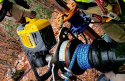 Teams that have long hauling systems, limited staffing and/or continual operations might find that using a winch/drill combination makes raising and lowering easier. Here, a Harken LokHead winch is powered by a 60-volt cordless drill. A winch/drill combination can reduce dynamic forces through uneven hauling. The line that’s shown is Courant 11mm Rebel low-stretch static kernmantle rope. Teams that have long hauling systems, limited staffing and/or continual operations might find that using a winch/drill combination makes raising and lowering easier. Here, a Harken LokHead winch is powered by a 60-volt cordless drill. A winch/drill combination can reduce dynamic forces through uneven hauling. The line that’s shown is Courant 11mm Rebel low-stretch static kernmantle rope.