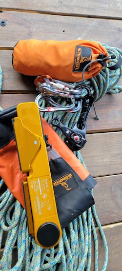 Lightweight and urban rigging options from Highnovate include the RAFA L roof anchor, which is designed for rapid application for rooftops and windows and for a multitude of search and rescue collapse operations, to provide a portable 22kN anchor just about anywhere. The Bella (in the orange bag) is an EN795-rated anchor that can be placed by a tower climber, lowered to the ground quickly, and assembled and run by a ground-based team. It was designed for tactical insertion operations but has a lot of purpose in bottom-based rescue. Roll-clips and a Micro Traxion belay device from Petzl and 8mm Sterling Canyon rope combine with the other devices to produce a complete USAR rescue kit.