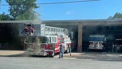 Three firefighters were at the Columbus fire station taking measurements when they heard popping and found a fire apparatus on fire.