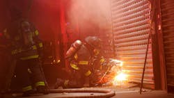 The third of three cuts that are made in the slash tactic for a steel roll-down gate. The slats then are pulled by the purchase point that was made in the beginning of the operation. The third of three cuts that are made in the slash tactic for a steel roll-down gate. The slats then are pulled by the purchase point that was made in the beginning of the operation.