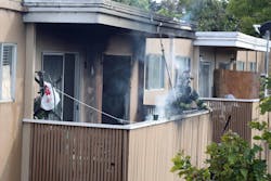 A two-alarm fire spread from one apartment unit to another at a San Leandro, CA, three-story complex. A two-alarm fire spread from one apartment unit to another at a San Leandro, CA, three-story complex.