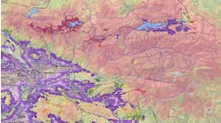 Precisely provides San Bernardino County with pro bono access to its Wildfire Risk solution, offering a detailed assessment of wildfire severity and probability in the region. Image shows analysis spanning the city&apos;s edge to the mountain rim and throughout the desert areas of the County. Color-coding on the image represents different types of threats. Purple areas denote locations where embers are the primary threat (which typically happens in transition zones between wildlands and urban areas). Dark red areas indicate where there is high densities of homes or communities which have been rated as &ldquo;very high&rdquo; for risk. The muted colors show wildland areas where homes are more widely spaced out or indicate areas of the National Forest.