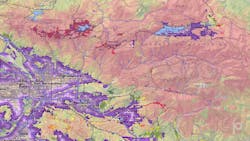 Precisely provides San Bernardino County with pro bono access to its Wildfire Risk solution, offering a detailed assessment of wildfire severity and probability in the region. Image shows analysis spanning the city's edge to the mountain rim and throughout the desert areas of the County. Color-coding on the image represents different types of threats. Purple areas denote locations where embers are the primary threat (which typically happens in transition zones between wildlands and urban areas). Dark red areas indicate where there is high densities of homes or communities which have been rated as “very high” for risk. The muted colors show wildland areas where homes are more widely spaced out or indicate areas of the National Forest. Precisely provides San Bernardino County with pro bono access to its Wildfire Risk solution, offering a detailed assessment of wildfire severity and probability in the region. Image shows analysis spanning the city's edge to the mountain rim and throughout the desert areas of the County. Color-coding on the image represents different types of threats. Purple areas denote locations where embers are the primary threat (which typically happens in transition zones between wildlands and urban areas). Dark red areas indicate where there is high densities of homes or communities which have been rated as “very high” for risk. The muted colors show wildland areas where homes are more widely spaced out or indicate areas of the National Forest.