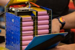 E-scooter battery pack removed from metal enclosure to show how the individual 18650 cells were configured. E-scooter battery pack removed from metal enclosure to show how the individual 18650 cells were configured.