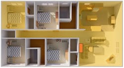Layout of test structure and approximate test volume, with location of scooter indicated by solid orange rectangle. Layout of test structure and approximate test volume, with location of scooter indicated by solid orange rectangle.