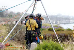 Rescue technicians came to the rescue of a dog and her owner, stranded on a beach.