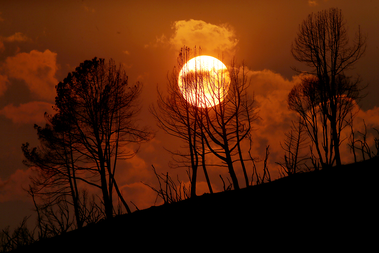 The sun sets on ridge during the Oak fire in 2022.