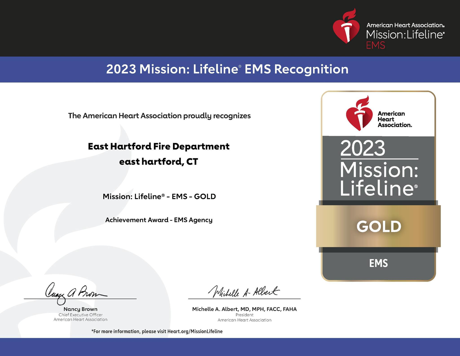The East Hartford Fire Department was recognized by the American Heart Association under the Mission: Lifeline program.