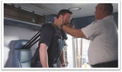 Cedric Palmisano, Deputy Chief of Special Ops &amp; Logistics for New Orleans EMS, demonstrates MBrace&trade; to a paramedic.