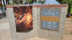 This bronze plaque that’s located in Firefighter Memorial Park in Kingman, AZ, lists the 11 firefighters who were killed on July 5, 1973, when a leak from a propane rail car resulted in a BLEVE. The artwork to the left of the plaque is made from a portion of the tank from which the BLEVE occurred.
