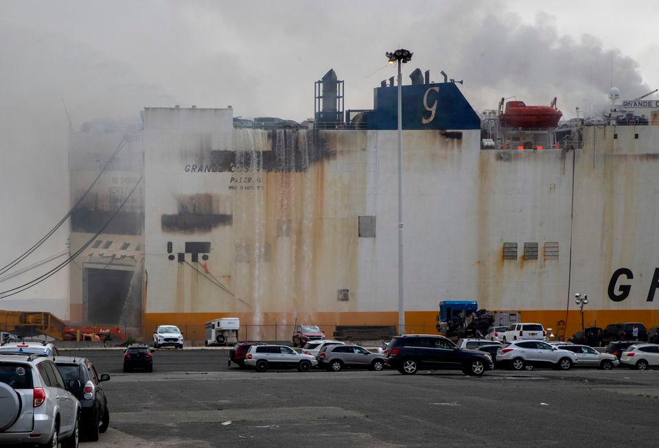 The fire on a cargo ship at Port Newark in Newark, NJ that started on Wednesday night continues to burn.