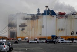 The fire on a cargo ship at Port Newark in Newark, NJ that started on Wednesday night continues to burn. The fire on a cargo ship at Port Newark in Newark, NJ that started on Wednesday night continues to burn.