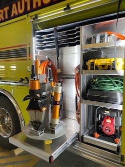 In response to the growing need for battery-powered extrication tool mounts, Ziamatic developed several lazy Susan mounts that reduce the overall storage footprint in the compartment. Shown here, the QM-MEH-1 can hold as many as four extrication tools despite a base of only 23 inches.