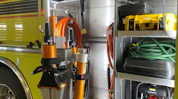 In response to the growing need for battery-powered extrication tool mounts, Ziamatic developed several lazy Susan mounts that reduce the overall storage footprint in the compartment. Shown here, the QM-MEH-1 can hold as many as four extrication tools despite a base of only 23 inches.