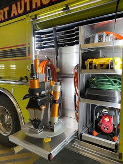 In response to the growing need for battery-powered extrication tool mounts, Ziamatic developed several lazy Susan mounts that reduce the overall storage footprint in the compartment. Shown here, the QM-MEH-1 can hold as many as four extrication tools despite a base of only 23 inches.