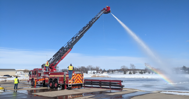 Acceptance testing of a new aerial apparatus should include operational performance of the aerial device, pump and waterway both at the factory as well as during the factory orientation training after delivery to the department.