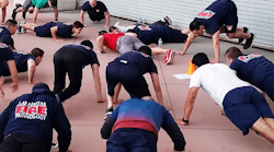 Five repetitions of three or four movements serve as a good warm-up to a crew workout. Five repetitions of three or four movements serve as a good warm-up to a crew workout.