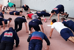 Five repetitions of three or four movements serve as a good warm-up to a crew workout. Five repetitions of three or four movements serve as a good warm-up to a crew workout.